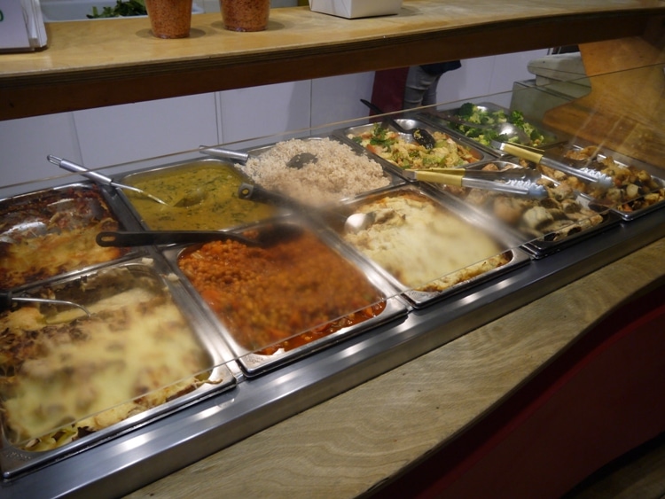 Choice Of Hot Dishes At Beatroot Vegetarian Cafe, London